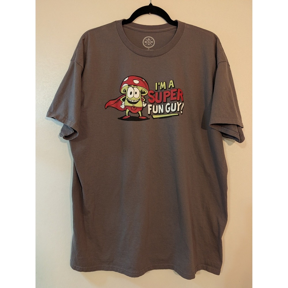DOM Super Fun Guy Mushroom Graphic T-Shirt Mens XL Charcoal Grey Funny Pun Tee